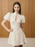 Retro Polka Dot Mini A-line Dress Elegant Stand Collar Puff Short Sleeve Waist-cinching Dresses 2026 New Lady Party Gowns - Image 3