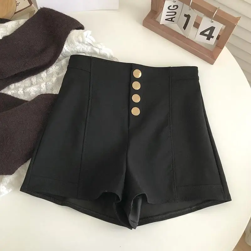 Korean Fashion High Waist Button Casual Shorts Woman 2026 Summer New Office Lady Elegant Commute Solid All-match Wide Leg Shorts