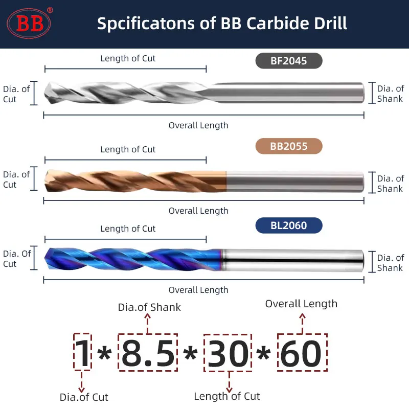 BB 60mm Length Carbide Drill CNC Hole Making Drilling Tool Diameter 1mm-6mm for Metal Steel