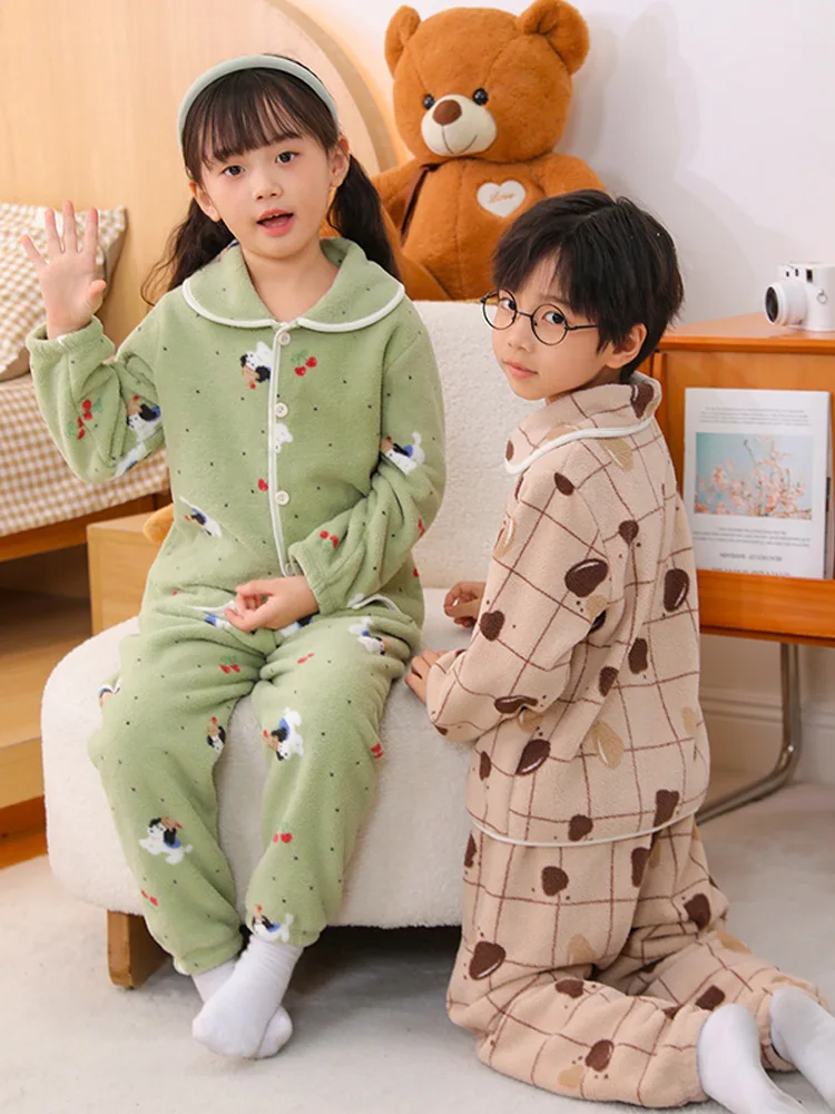 

3-10Y Kids Fleece Homewear Sets Thickened Cartoon Printed Sleepwear Boys Girls Cute Loungewear Warm Winter Children's Pajamas