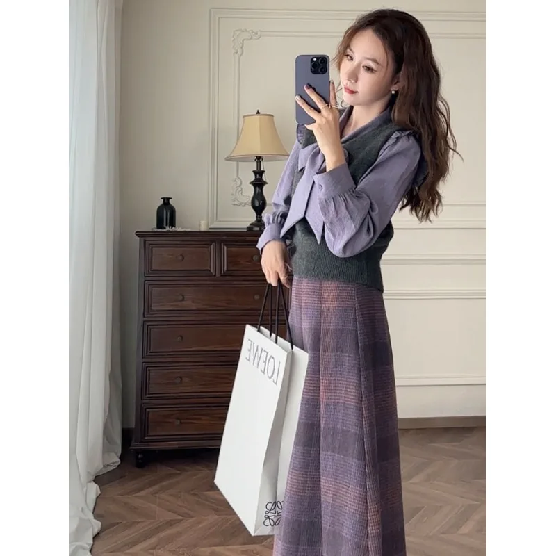 Irabeezt French Style Skirt Set Plaid Loose Casual Coats Tops A-line Young Lady Long Skirts Vintage Two Piece Sets Female Outfit