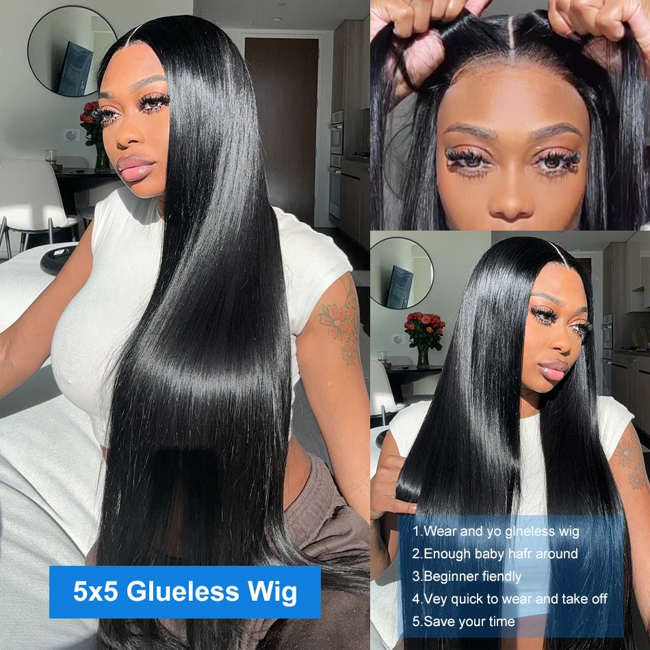 Xcurly 220% Bone Straight Wear And Go Glueless 5x5 Ready to Wear Lace Closure Wig Pre Plucked HD Transparent Human Hair Wigs