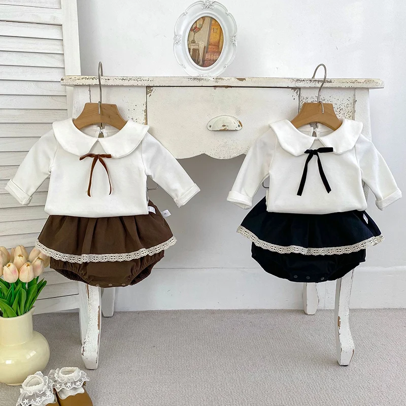 2024 New Autumn Infant Baby Girls Clothing Suit Long Sleeved Cotton Pullover Top+PP Shorts Newborn Baby Girls Clothing Set