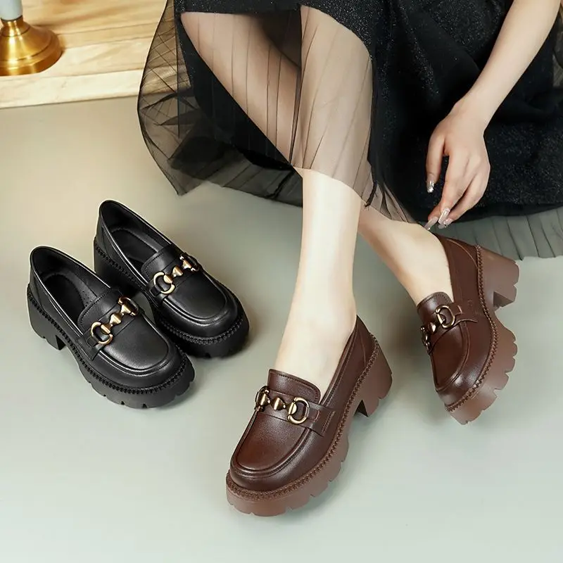 2025 Spring and Autumn Platform Loafers Women's Thick Sole Shoes Fashion Soft Height Increase Leather Shoes Footwear