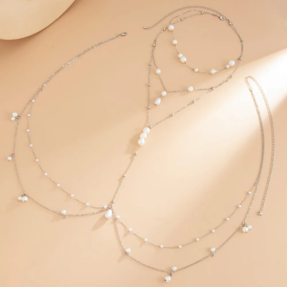 Multi Layer Imitation Pearl Necklace Chest Belly Chain Integrated Waist Chain Women Summer Bikini Beach Adjustable Body Jewelry view 4