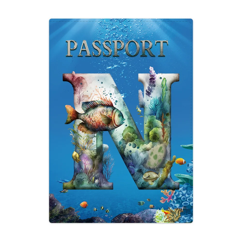 Funda para pasaporte de viaje, billetera de cuero para tarjetas de identificación, tarjetero de negocios, funda con patrón de letras de pescado