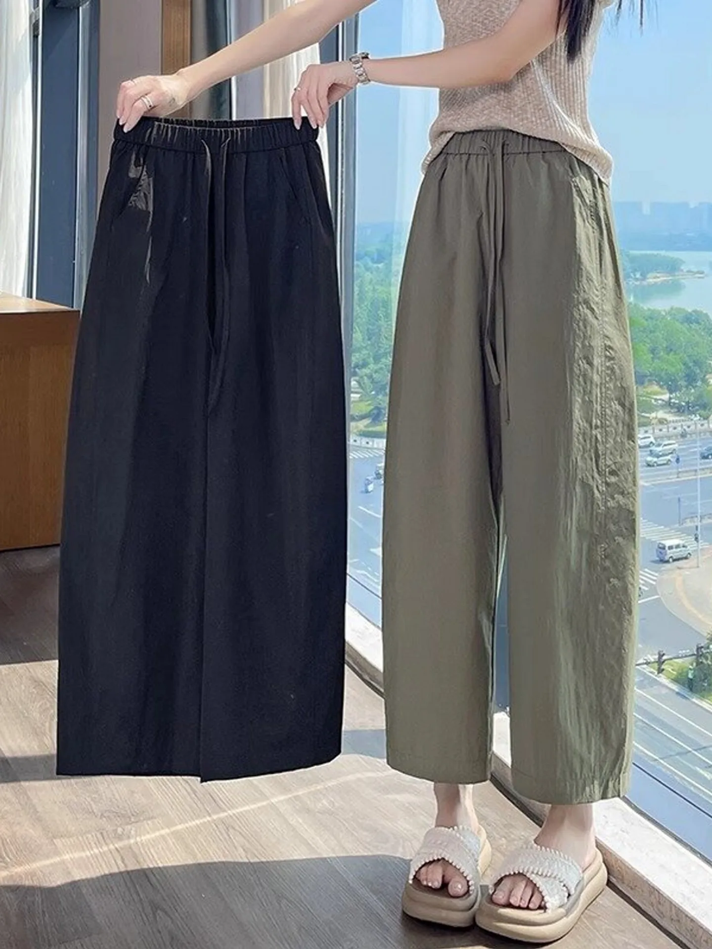 

Женские летние тонкие свободные повседневные спортивные брюки из ледяного шелка с высокой талией, широкие, прямые, укороченные (7/8)