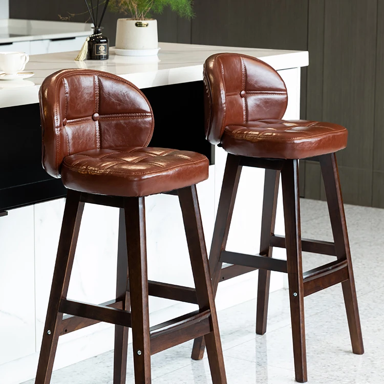 

Wood bar stool chairs high commercial barstools Upmarket Vintage Saddle leather soft cushion Backrest chair cadeira furniture