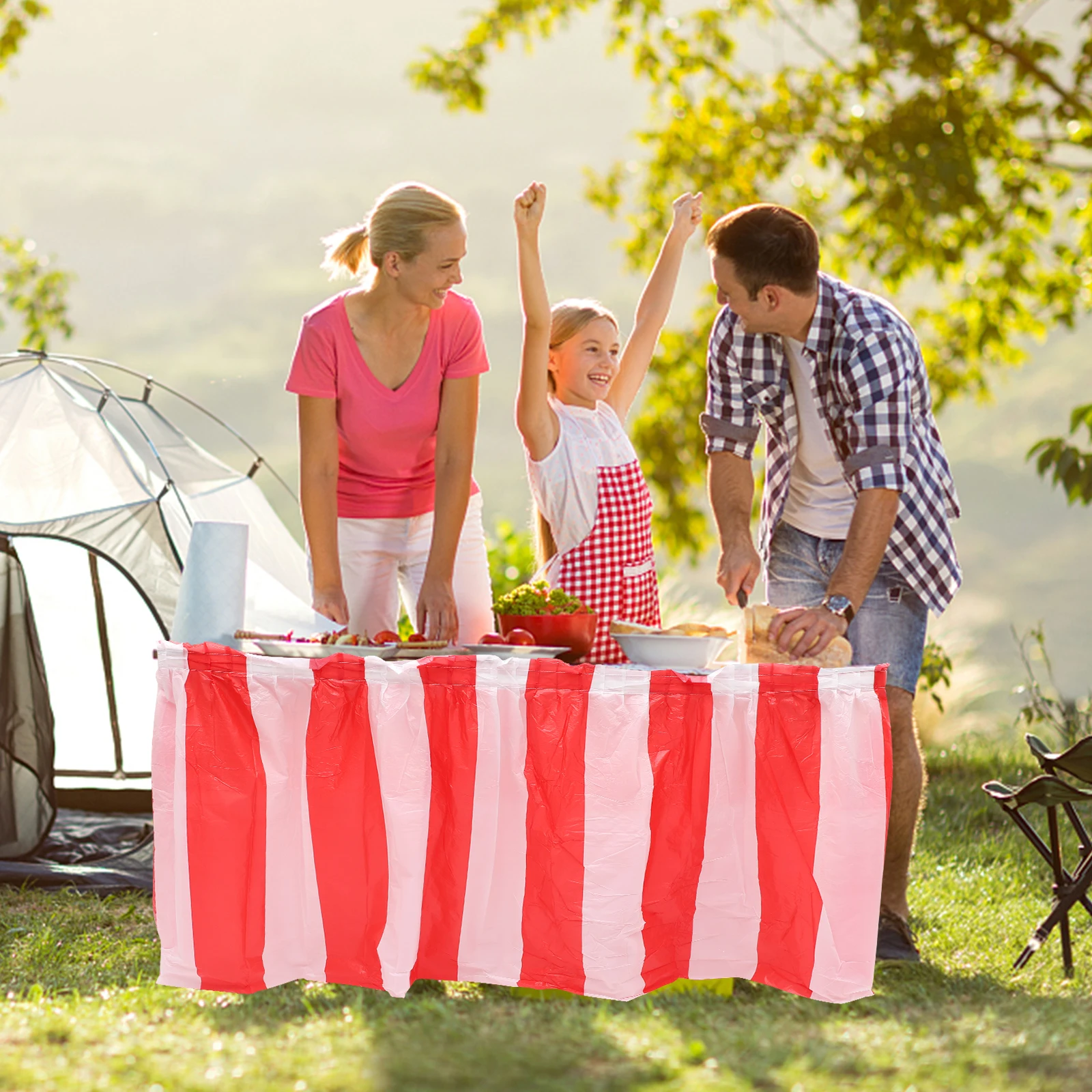 

3pcs Red White Striped Table Skirts Waterproof PEVC Reusable Plastic Dining Covers Party Carnival Birthday Home Decor