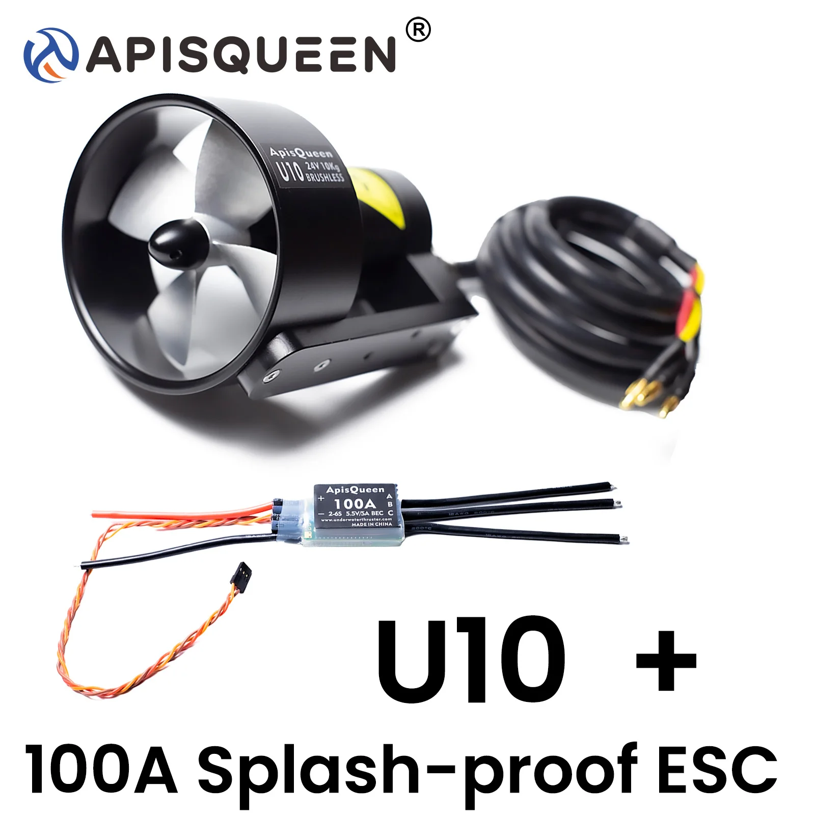 APISQUEEN U10 24V 900W 10kg Underwater Thruster CW CCW 100A 2-6S ESC 5.5V 3A BEC IP68 Waterproof Option