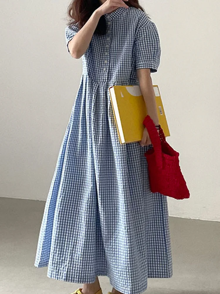 

Modern Lady beautiful dress Korean Chic Clothes Woman 2023 Summer new Vestidos Female Elegant Crew Neck Check Robe Y632