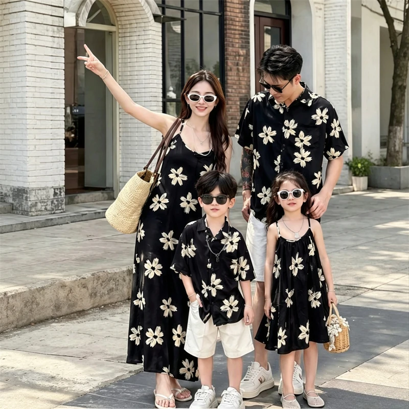 Beach Family Vacation Clothes Summer Korean Mom Daughter Boho Strap Dress Dad Son Floral Shirt Couple Look Photo Shoot Clothes