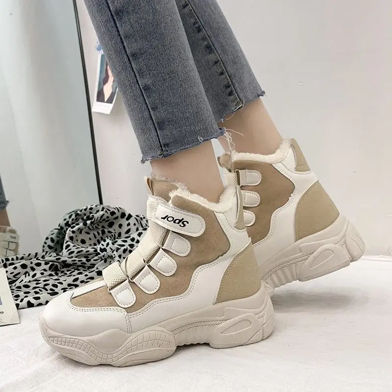 Women's Snow Boots Sneakers Black Shoes for Woman Elegant with Medium Heels Sports High Platform Winter Waterproof Non Slip Pu