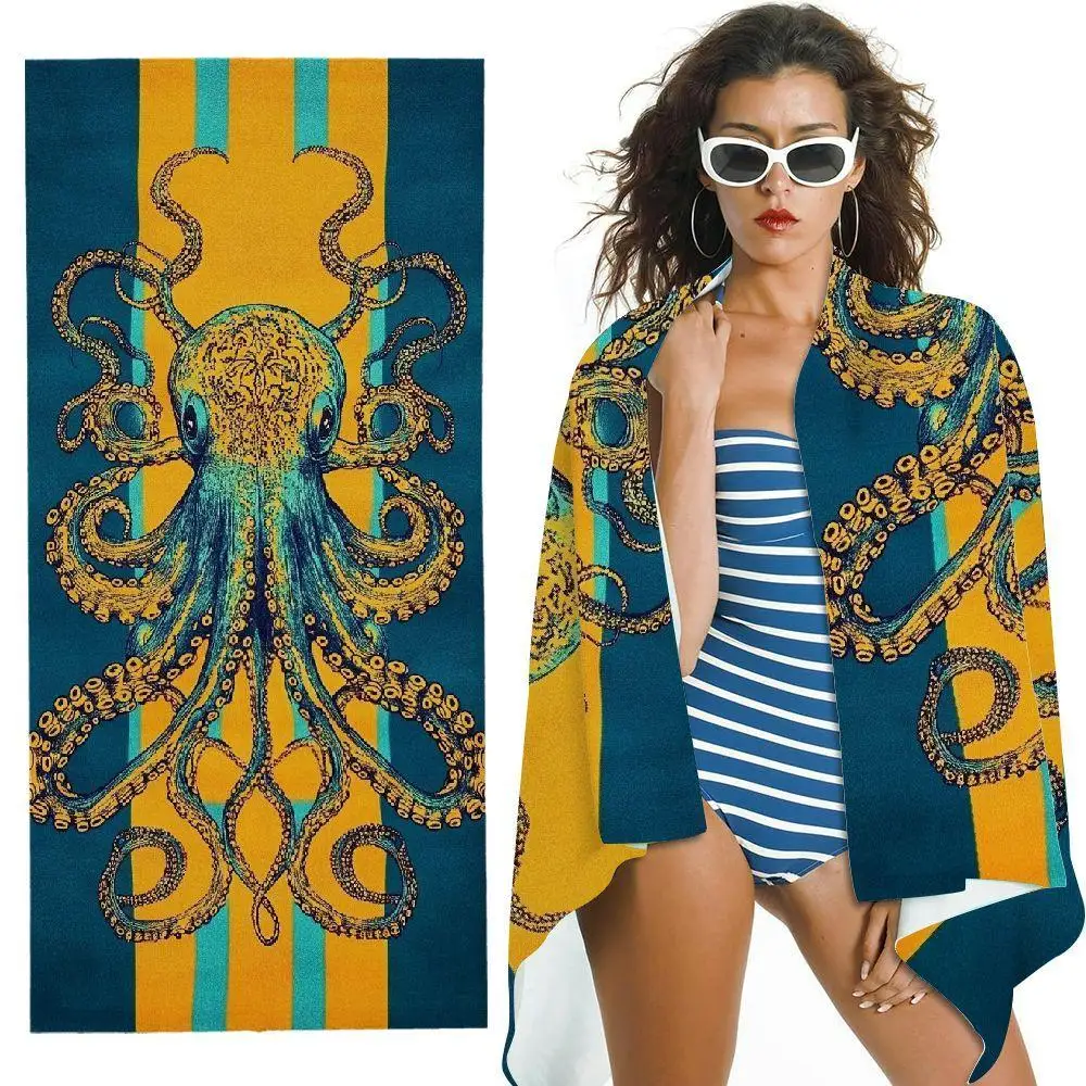 Vintage Tribal Octopus Vertical Stripe Retro Graphic Beach Towel Large Size Fast Drying Towel For Nautical Ocean Theme Beach
