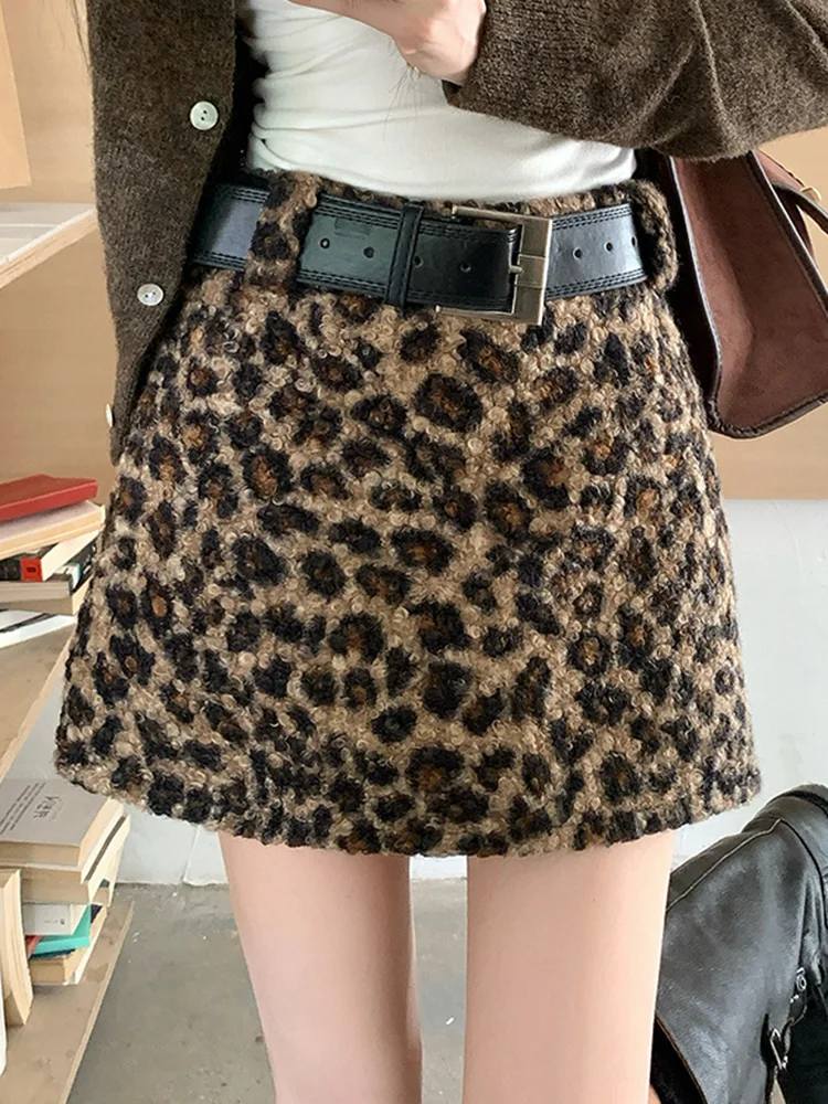 Vintage Leopard Y2K Skirt Women Fall Winter Faux Woolen High Waist Slim Mini Skirts American Hip Hop Streetwear Lady Retro Skirt