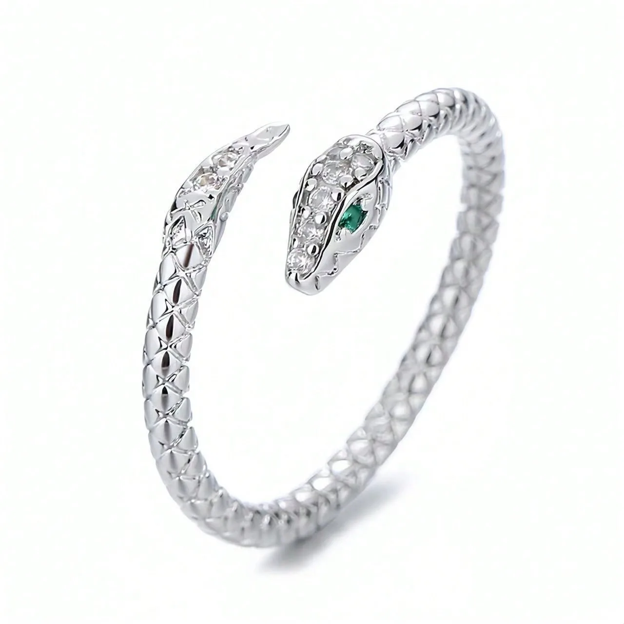 Women Silver Tone Open Adjustable Snake Ring Green Zircon Eyes CZ Serpent Punk Finger Ring Trendy Animal Jewelry Gift for Her