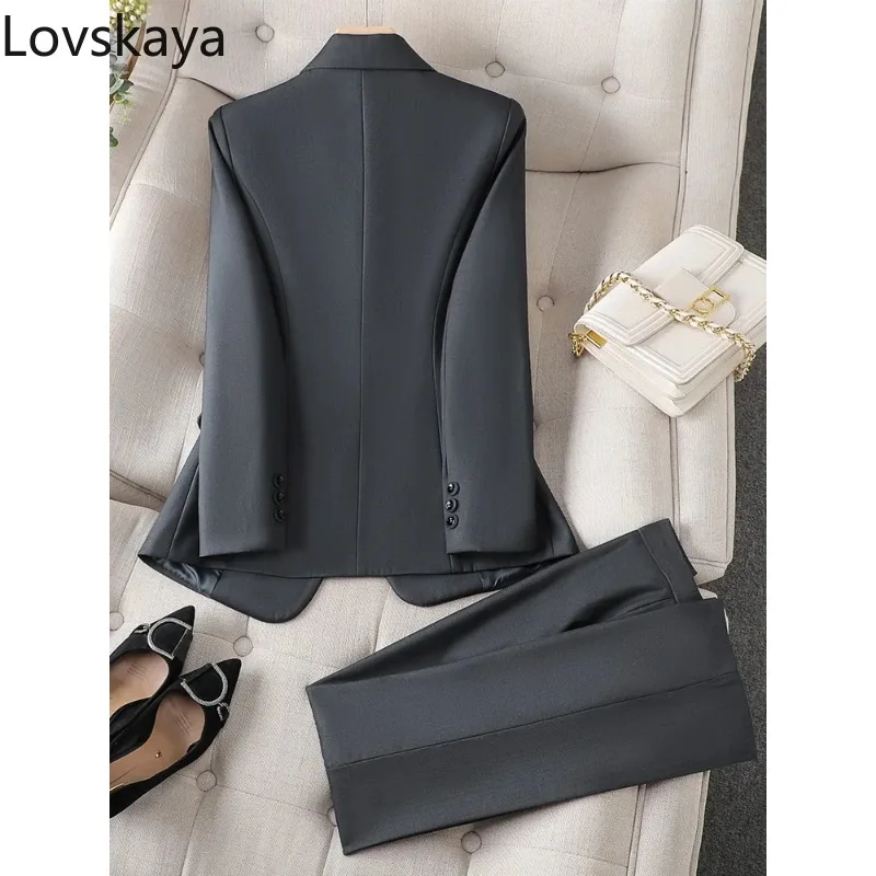 Work Wear Blazer Jacket And Trouser Female 2 Piece Set Gray Black Women Pant Suit Formal Office Ladies Business