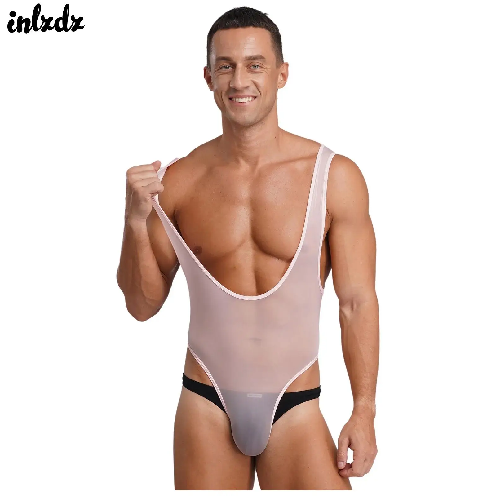 

Mens Lingerie One-piece Bodysuit Swimwear Rave Party Costume Sheer See Through Chest Muscle Bulge Pouch Slim Mankini Jumpsuit