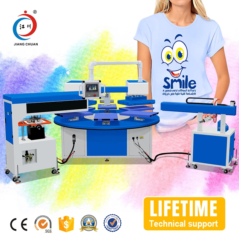 Intelligent Six-Station New Design Jiangchuan Fully Automatic Double Heating Plate Printing Heat Press Machine