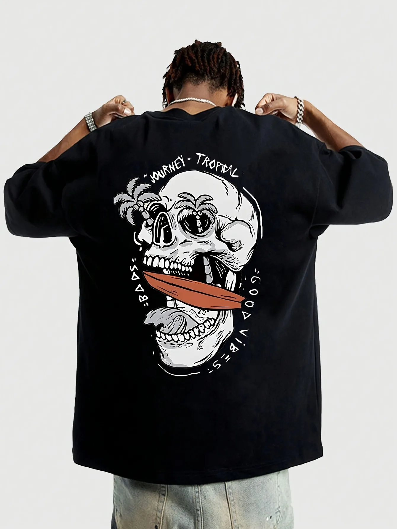 Summer Men's American Old School Style Skull Tattoo Print T-shirt Loose-fitting Breathable Suitable Street Casual Versatile Wear