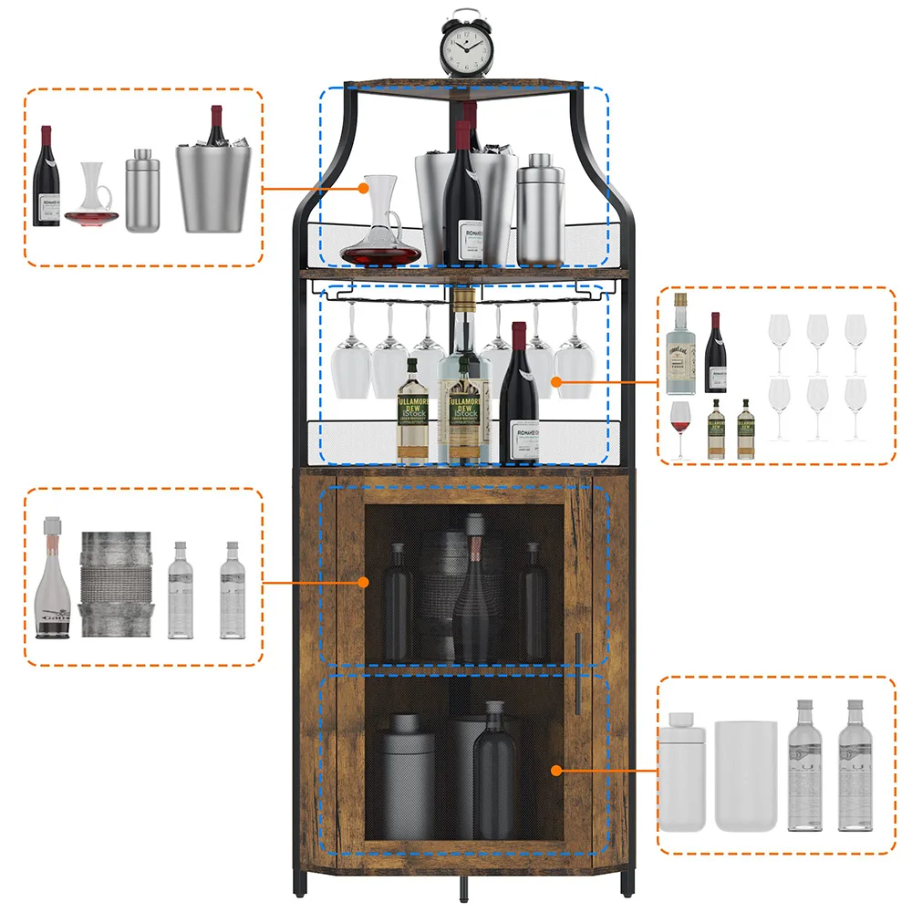 Eck-Weinbar-Schrank mit abnehmbarem Weinregal und Glashalter, kleines Sideboard, Buffetschrank mit Tür für die Küche zu Hause, in der Bar – Detail 2