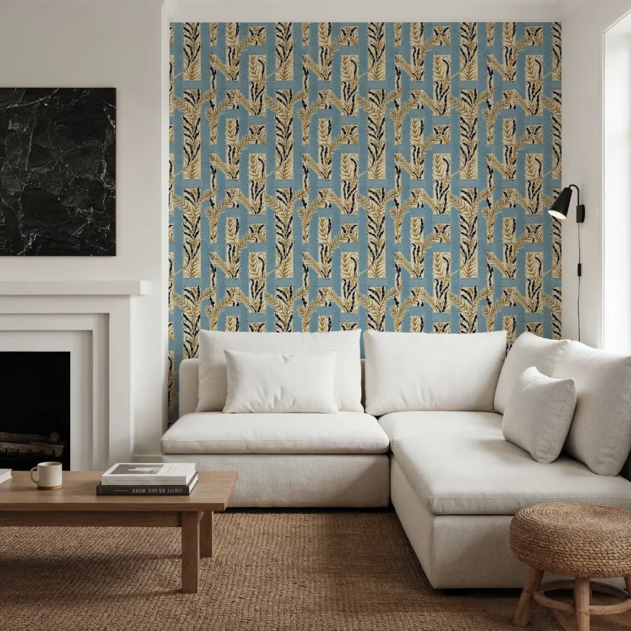 Custom mural with geometric stripes, fern plant leaves, wallpaper in red and blue, cream colored, living room, bedroom murals