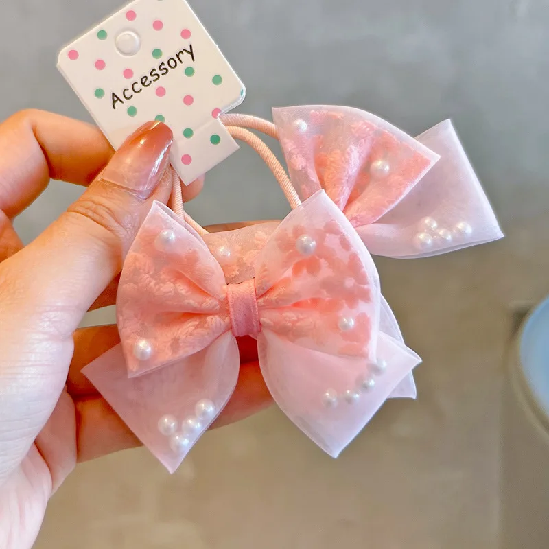 

New Pearl Mesh Bow Hair Ties for Kids 2Pcs Pair Cute Sweet Hair Accessories Headwear for Girls Daily Wear School Party Birthday