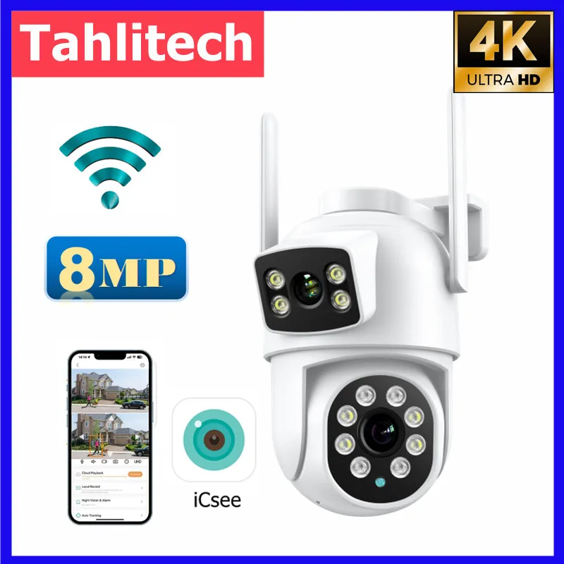

8-мегапиксельная Wi-Fi IP-камера с двумя объективами, двойным экраном, 4-кратным цифровым зумом, 4K PTZ-камера, 4-мегапиксельная HD-камера с автоматическим отслеживанием, наружное видеонаблюдение, приложение iCSee