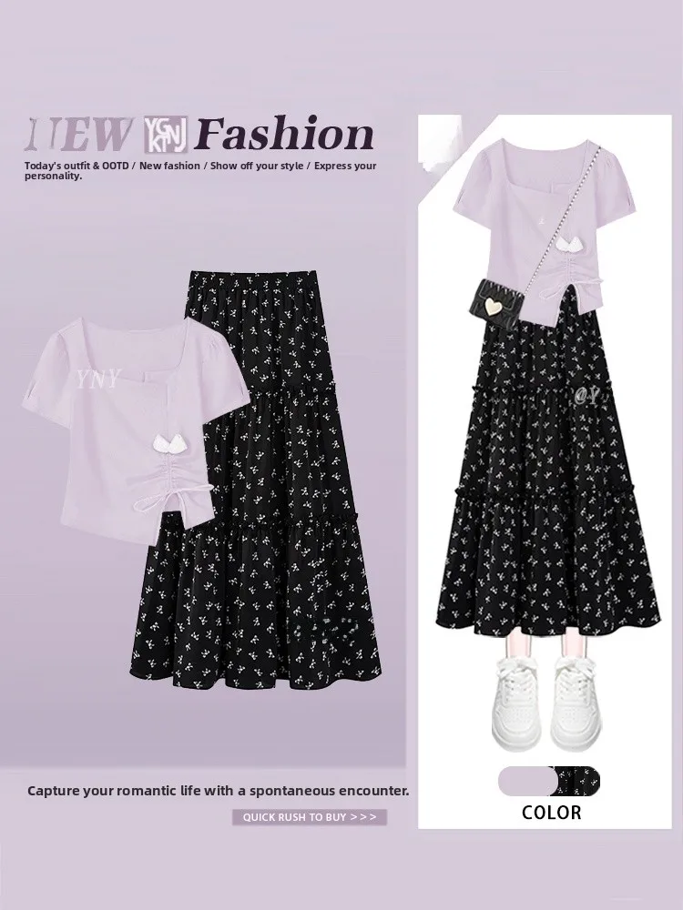 

Korean Style Dopaamine Short Sleeve T-Shirt Women Summer Fashion Elegant Slimming Floral Skirt Two Piece Set Polyester Fiber