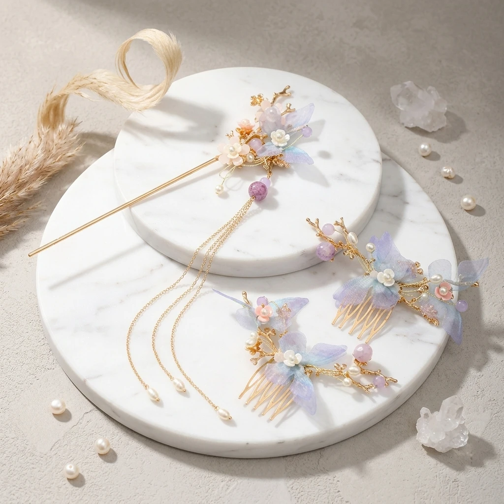 Antique Silk Butterfly Hairpin Elegant Jewelry Hair Accessories Hanfu Cosplay Tassel Comb Set Traditional Chinese Style Headwear 6