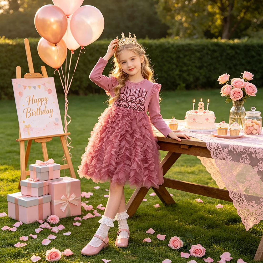 DXTON Mädchen-Schulpartykleid, luxuriöses Kinder-Feiertagskostüm, Tutu-Mesh, elegantes Kinderkleid für Mädchen, Pailletten, Baby-Geburtstagsgeschenk – Detail 2