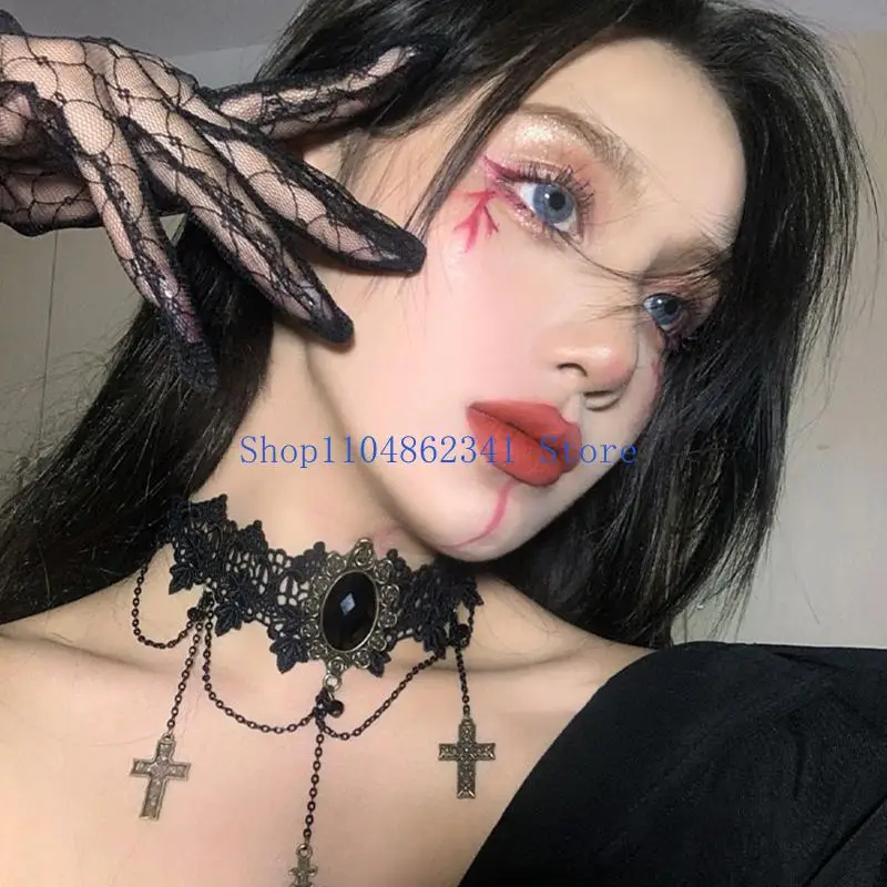 

5asd черное кружевное колье в стиле стимпанк, готическое ювелирное изделие для вампира со стразами C