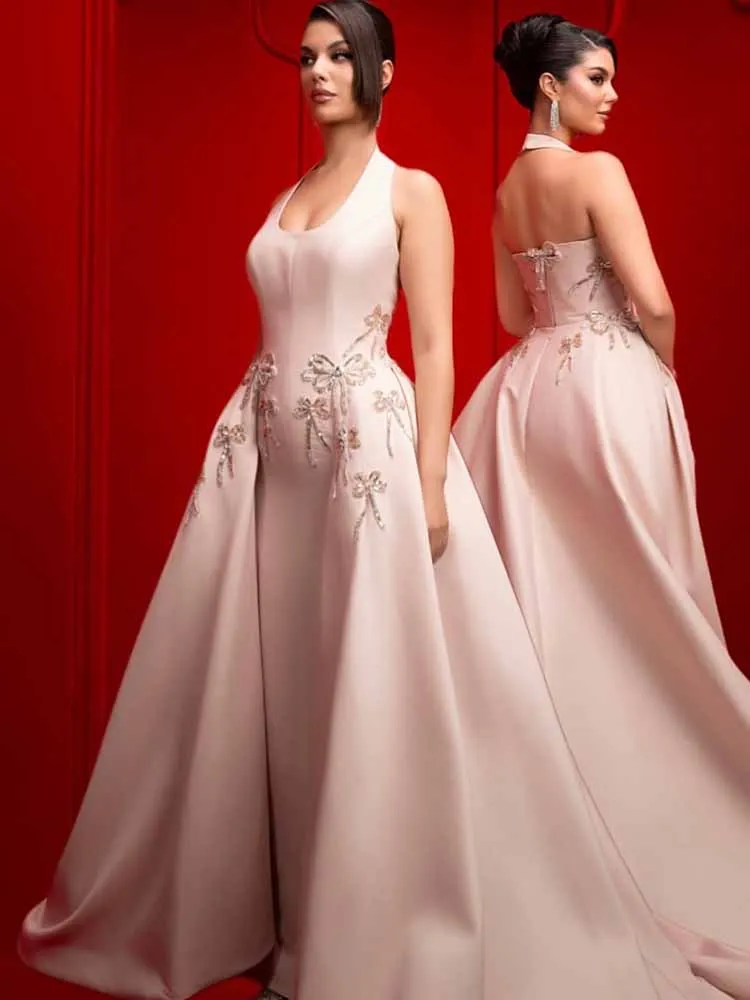 

Классические платья для дня рождения, атласное вечернее платье-футляр/колонна, розовое длинное женское церемониальное платье с круглым вырезом и бусинами, с бантом и рюшами