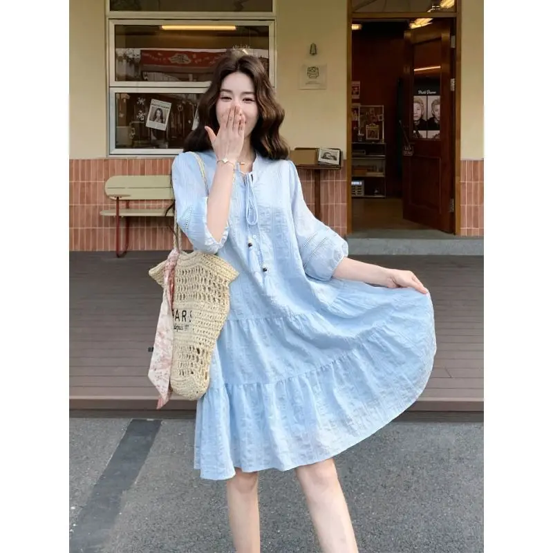 2026 Summer Maternity Lace Dress Sweet Peter Pan Collar Short Sleeve Pregnant Women A-Line Dress Fashion Pregnancy Party Dresses