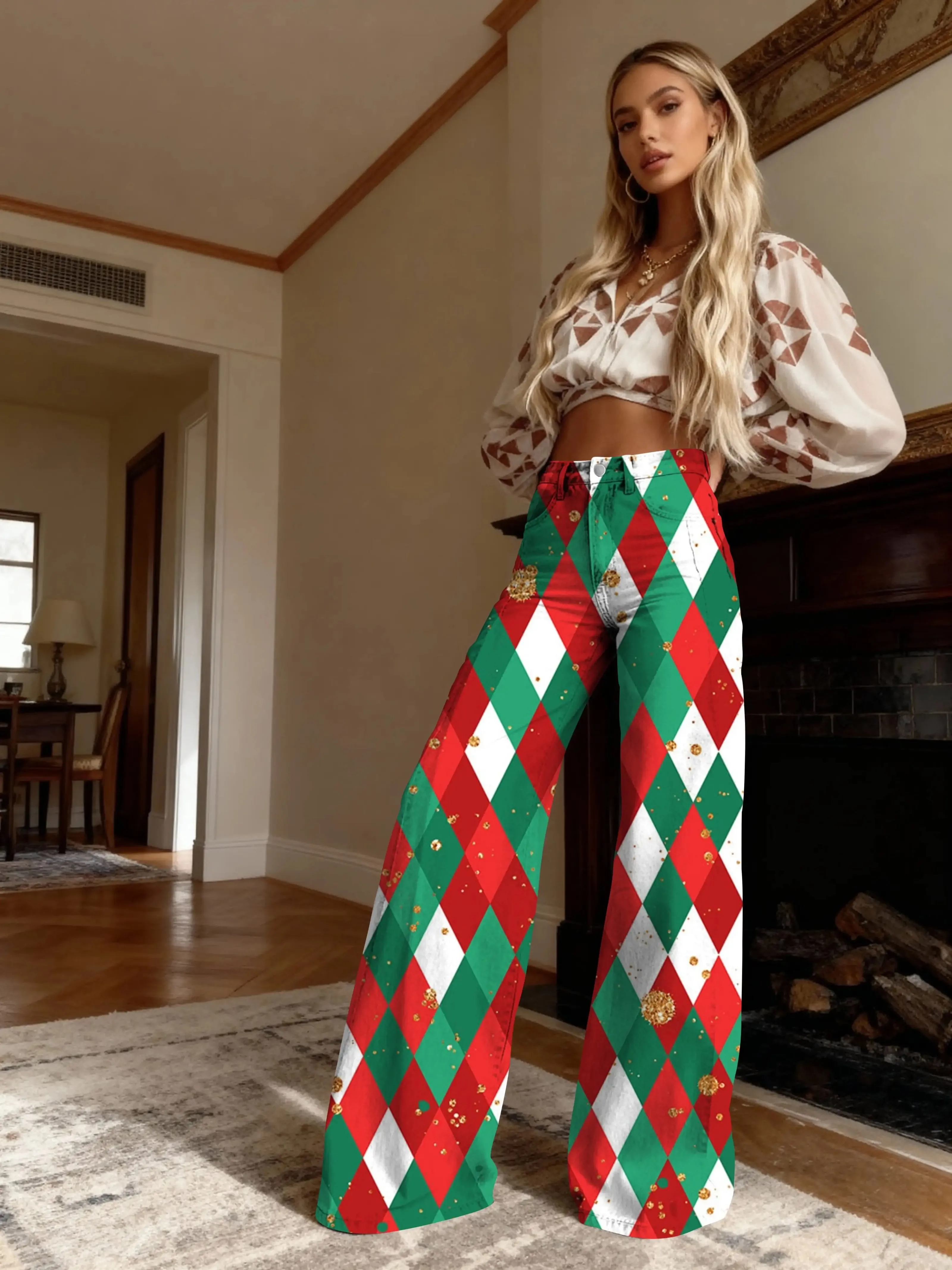 3D Women's Imitation Jeans Christmas Style Christmas Tree Bow Print High Waist Stretch