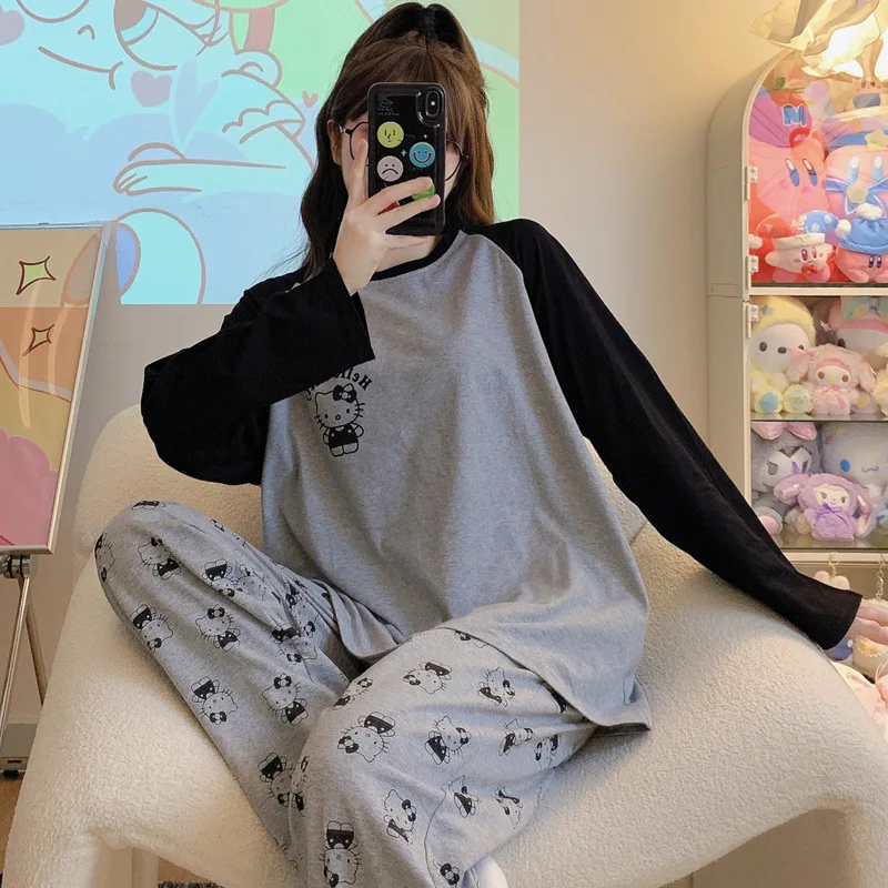 Kawaii Hello Kitty Pajamas Set Anime Sanrio Cartoon Cinnamoroll Long-Sleeved Trousers Comfortable Cute Girl Thin Home Wear