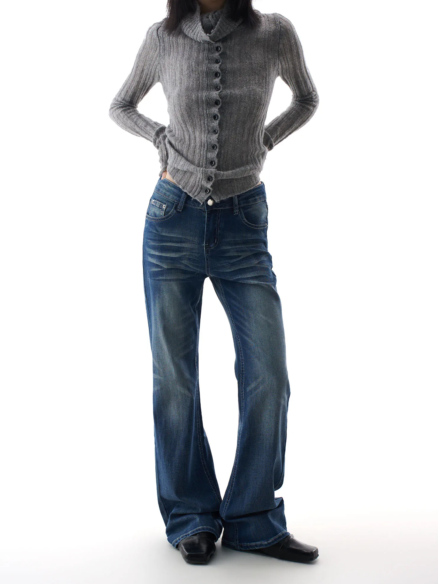 

Американские джинсы-клеш с низкой талией, винтажные, синие, повседневные, весенние новинки, утягивающие брюки для женщин