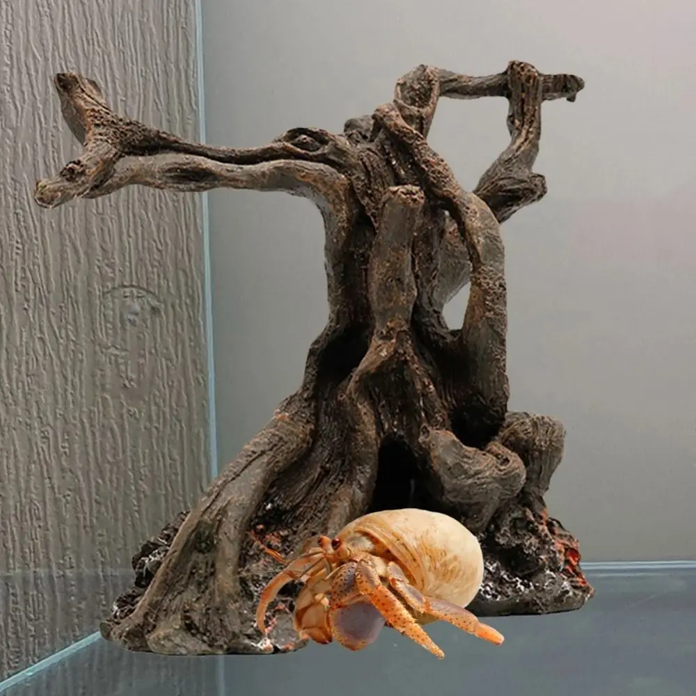 Adorno de tronco de árbol de resina de 12cm, juguete decorativo de resina Driftwood, cangrejo ermitaño, escalada, simulación de reptil, cilindro, raíces, planta