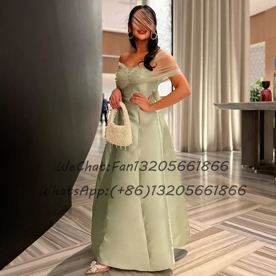 Formal Satin Long A-line Bridesmaid Dresses Sheer Off Shoulder Boat Neck Streamer Wedding Party Dress Women Backless Prom Gown