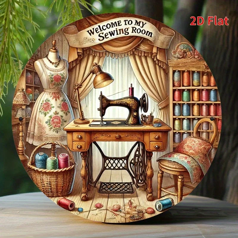 2D Flat, Vintage Sewing Room Metal Wall Art - 7.8x7.8 Inch Round Iron Decor with Floral Dress, Vintage Sewing Machine & Spools -