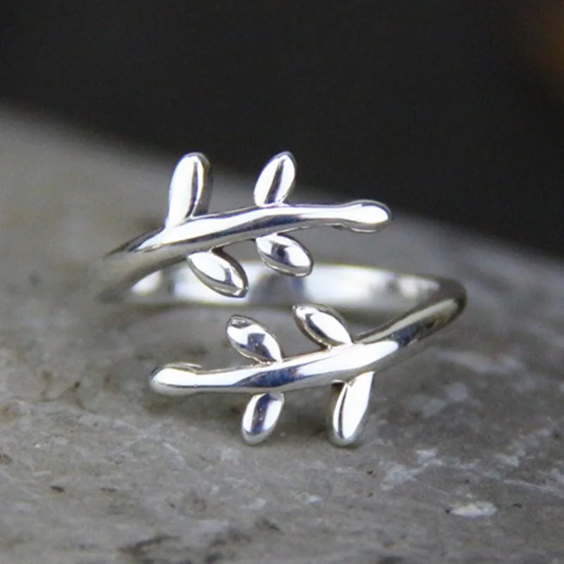 

Real Solid 925 Sterling Silver Band Women Lucky Double Tree Branch Leaf Open Ring