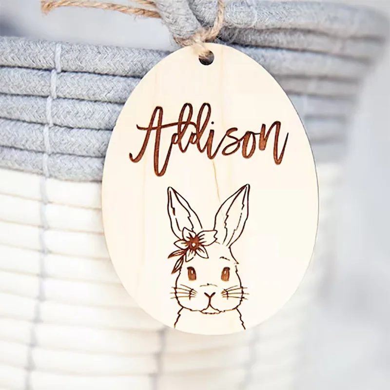 Personalized custom rabbit Bunny happy Easter party Egg Hunt basket Bucket bag Name Tag Ornament children kid boy girl gift sign