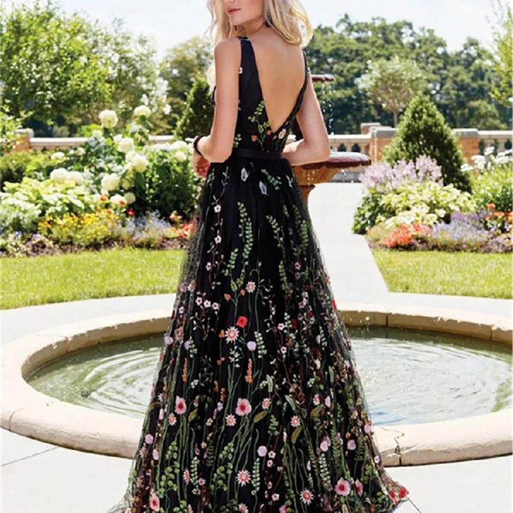 Hete Boho Elegante Jurken Vrouwen Sexy Mouwloze Backless Deep-V Borduurder Bloemenprint Party Maxi-Jurk