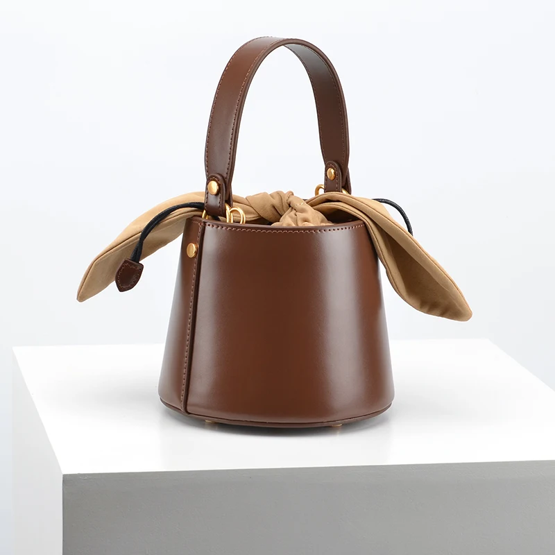 Rabbit Ears Versatile Bucket Bag Genuine Leather Cowhide High Quality Women Handbag Shoulder Messenger Bag Lady Purse Casual Bag