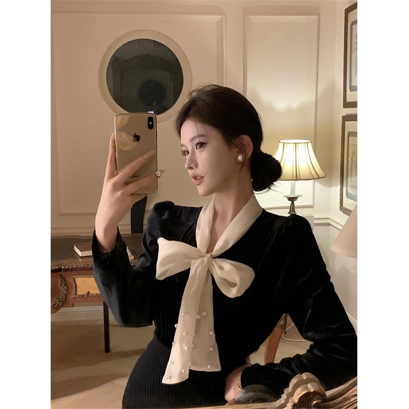 MEXZT Vintage Bow Shirts Women Elegant Black Velvet Blouses Office Lady Korean Party Long Sleeve Chic Basic All Match Tops New