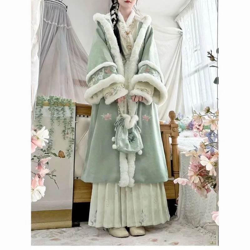 Autumn Winter Song Dynasty Chinese Hanfu Dress Set Women Traditional Vintage Floral Embroidery Princess Dress Ancient Warm Robe