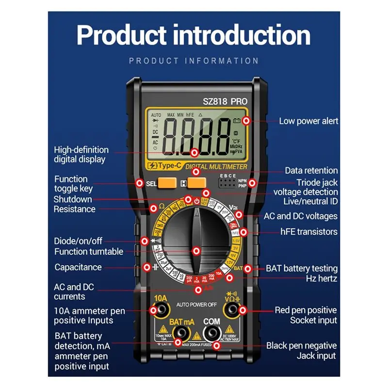DTA4-SZ818 PRO Digital Multimeter Type-C Charging AC/DC Resistance Capacitor Frequency Detection Electrical Universal Meter