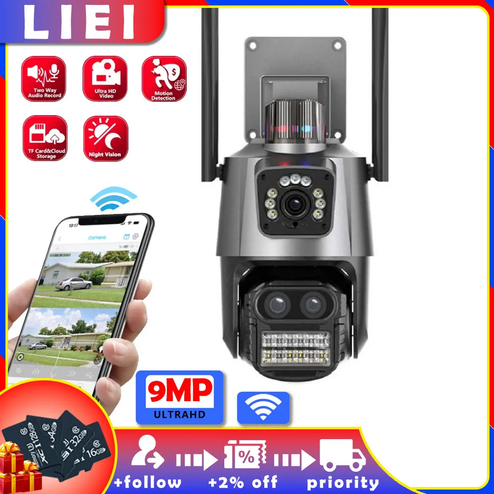 

LIEI PTZ IP 360 Cameras WIFI Surveillance Camera 6MP 9MP Dual Lens Wireless Outdoor Security AI Human Detect Digital CCTV Camera