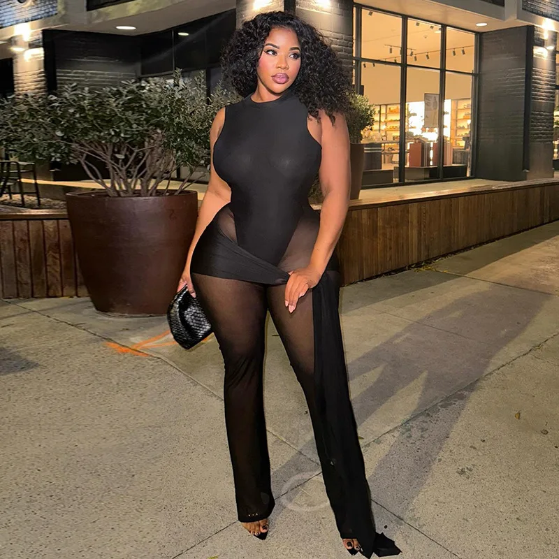 

Mesh Patchwork See Through Backless Slim Flare Jumpsuits Women Sexy O Neck Sleeveless Peach Hips Nigth Clubwear Overalls Romper