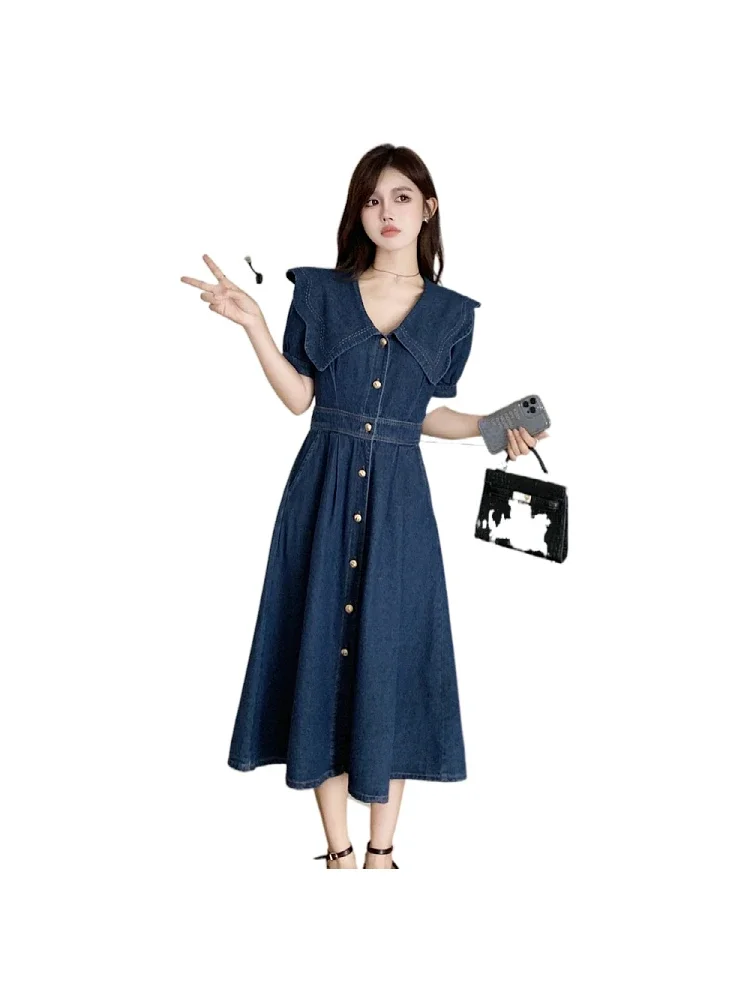 Temperament Summer Women\'s Denim Dress Elegant Turn-down Collar Short Sleeve Single Breasted Oversized Midi Dress CY400